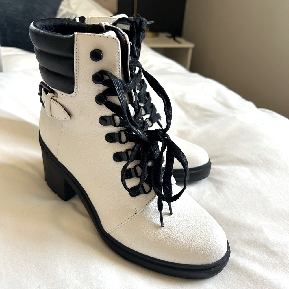 White block heeled combat boots size 8M